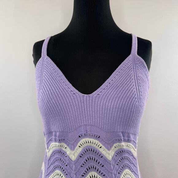 H&M Purple White Bodycon Dress Crochet Fine-Knit V-Neck Cross Back Strap Large L - Picture 2 of 7
